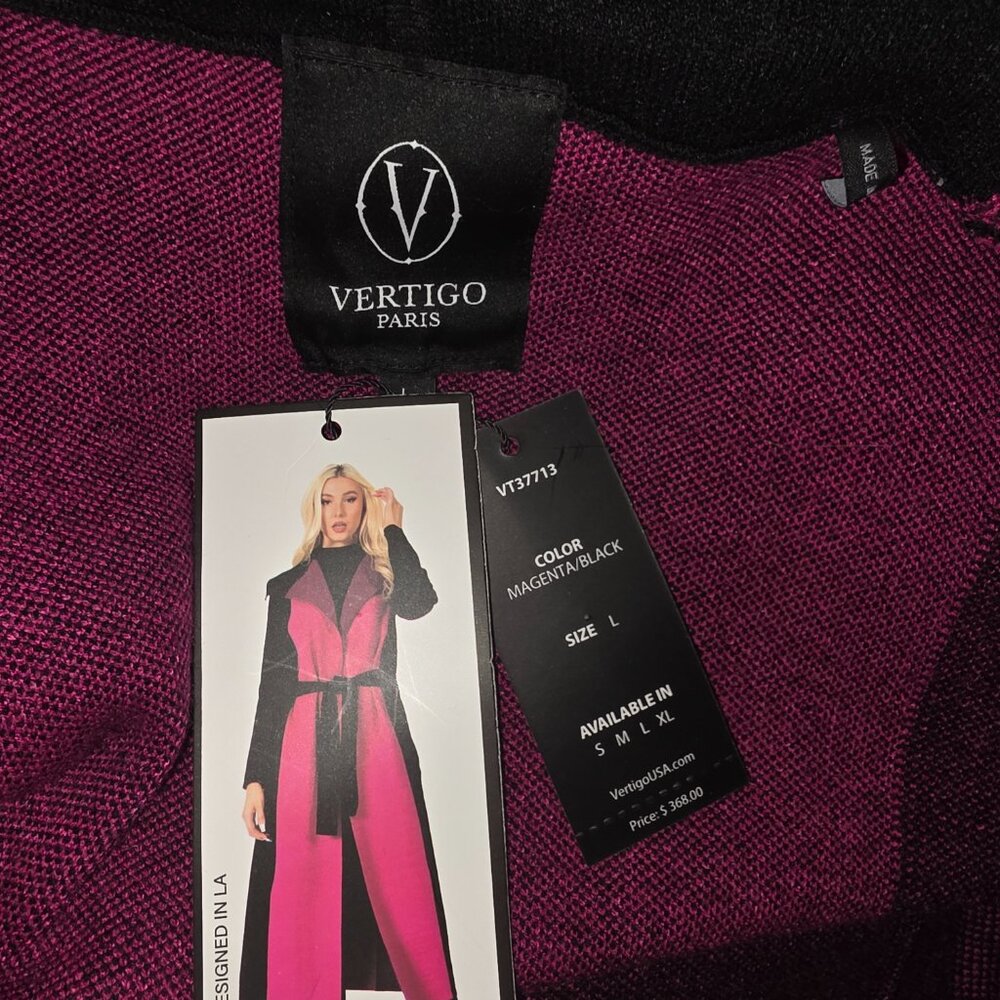 Vertigo Paris Magenta & Black Belted Long Coat Size L – Colorblock Elegant Coat - Picture 6 of 6